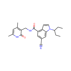 CCC(CC)n1ccc2c(C(=O)NCc3c(C)cc(C)[nH]c3=O)cc(C#N)cc21 ZINC000095930191