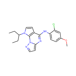 CCC(CC)n1ccc2c(Nc3ccc(OC)cc3Cl)nc3ccnn3c21 ZINC000038308089