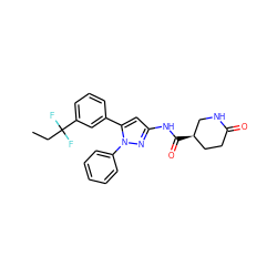 CCC(F)(F)c1cccc(-c2cc(NC(=O)[C@@H]3CCC(=O)NC3)nn2-c2ccccc2)c1 ZINC000169707089