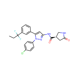 CCC(F)(F)c1cccc(-c2cc(NC(=O)[C@H]3CNC(=O)C3)nn2-c2ccc(Cl)cc2)c1 ZINC000169707080