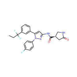 CCC(F)(F)c1cccc(-c2cc(NC(=O)[C@H]3CNC(=O)C3)nn2-c2ccc(F)cc2)c1 ZINC000169707115