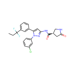 CCC(F)(F)c1cccc(-c2cc(NC(=O)[C@H]3CNC(=O)C3)nn2-c2cccc(Cl)c2)c1 ZINC000169707078