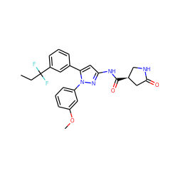 CCC(F)(F)c1cccc(-c2cc(NC(=O)[C@H]3CNC(=O)C3)nn2-c2cccc(OC)c2)c1 ZINC000169707103