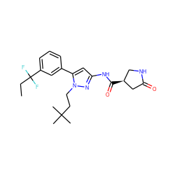 CCC(F)(F)c1cccc(-c2cc(NC(=O)[C@H]3CNC(=O)C3)nn2CCC(C)(C)C)c1 ZINC000169707082