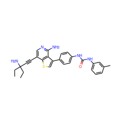 CCC(N)(C#Cc1cnc(N)c2c(-c3ccc(NC(=O)Nc4cccc(C)c4)cc3)csc12)CC ZINC000063298199