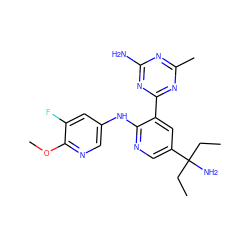 CCC(N)(CC)c1cnc(Nc2cnc(OC)c(F)c2)c(-c2nc(C)nc(N)n2)c1 ZINC000113154897