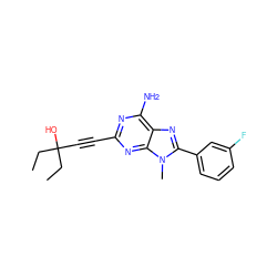 CCC(O)(C#Cc1nc(N)c2nc(-c3cccc(F)c3)n(C)c2n1)CC ZINC000013861461