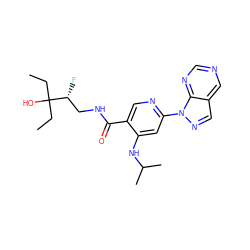 CCC(O)(CC)[C@H](F)CNC(=O)c1cnc(-n2ncc3cncnc32)cc1NC(C)C ZINC001772627695