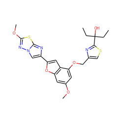 CCC(O)(CC)c1nc(COc2cc(OC)cc3oc(-c4cn5nc(OC)sc5n4)cc23)cs1 ZINC000653679901