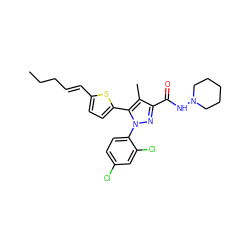 CCC/C=C/c1ccc(-c2c(C)c(C(=O)NN3CCCCC3)nn2-c2ccc(Cl)cc2Cl)s1 ZINC000040865289