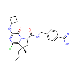 CCC[C@@]1(C)C[C@@H](C(=O)NCc2ccc(C(=N)N)cc2)n2c1c(Cl)nc(NC1CCC1)c2=O ZINC000095590067