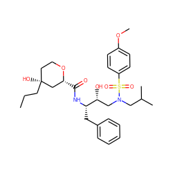 CCC[C@@]1(O)CCO[C@H](C(=O)N[C@@H](Cc2ccccc2)[C@H](O)CN(CC(C)C)S(=O)(=O)c2ccc(OC)cc2)C1 ZINC000028109871