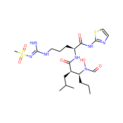 CCC[C@@H]([C@@H](CC(C)C)C(=O)N[C@@H](CCCN/C(N)=N/S(C)(=O)=O)C(=O)Nc1nccs1)N(O)C=O ZINC000027436845