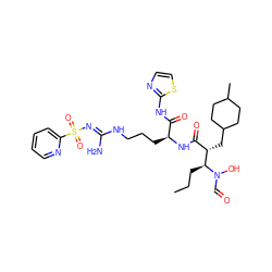 CCC[C@@H]([C@@H](CC1CCC(C)CC1)C(=O)N[C@@H](CCCN/C(N)=N/S(=O)(=O)c1ccccn1)C(=O)Nc1nccs1)N(O)C=O ZINC000027426662