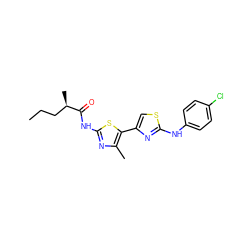 CCC[C@@H](C)C(=O)Nc1nc(C)c(-c2csc(Nc3ccc(Cl)cc3)n2)s1 ZINC000008672449