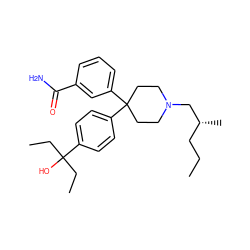 CCC[C@@H](C)CN1CCC(c2ccc(C(O)(CC)CC)cc2)(c2cccc(C(N)=O)c2)CC1 ZINC000045351572