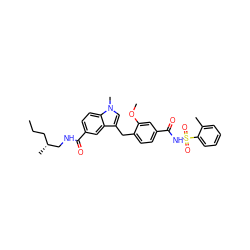 CCC[C@@H](C)CNC(=O)c1ccc2c(c1)c(Cc1ccc(C(=O)NS(=O)(=O)c3ccccc3C)cc1OC)cn2C ZINC000027325980