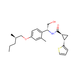 CCC[C@@H](C)COc1ccc([C@H](CO)NC(=O)[C@H]2C[C@@H]2c2cccs2)c(C)c1 ZINC000141257188