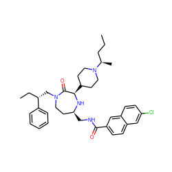 CCC[C@@H](C)N1CCC([C@H]2N[C@@H](CNC(=O)c3ccc4cc(Cl)ccc4c3)CCN(C[C@@H](CC)c3ccccc3)C2=O)CC1 ZINC001772572965