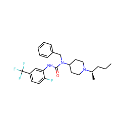 CCC[C@@H](C)N1CCC(N(Cc2ccccc2)C(=O)Nc2cc(C(F)(F)F)ccc2F)CC1 ZINC001772638045