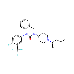 CCC[C@@H](C)N1CCC(N(Cc2ccccc2)C(=O)Nc2ccc(F)c(C(F)(F)F)c2)CC1 ZINC001772642066