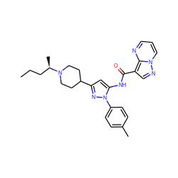 CCC[C@@H](C)N1CCC(c2cc(NC(=O)c3cnn4cccnc34)n(-c3ccc(C)cc3)n2)CC1 ZINC000145880012