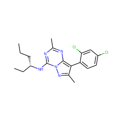 CCC[C@@H](CC)Nc1nc(C)nc2c(-c3ccc(Cl)cc3Cl)c(C)nn12 ZINC000013804973