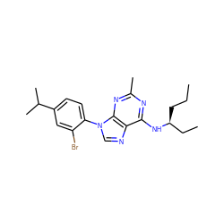 CCC[C@@H](CC)Nc1nc(C)nc2c1ncn2-c1ccc(C(C)C)cc1Br ZINC000013794853