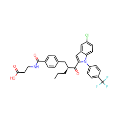 CCC[C@@H](Cc1ccc(C(=O)NCCC(=O)O)cc1)C(=O)c1cc2cc(Cl)ccc2n1-c1ccc(C(F)(F)F)cc1 ZINC000073168986