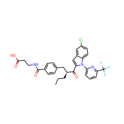 CCC[C@@H](Cc1ccc(C(=O)NCCC(=O)O)cc1)C(=O)c1cc2cc(Cl)ccc2n1-c1cccc(C(F)(F)F)n1 ZINC000060328562