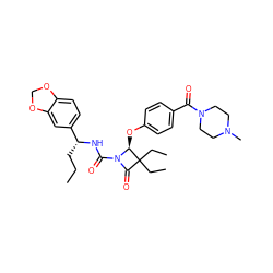 CCC[C@@H](NC(=O)N1C(=O)C(CC)(CC)[C@@H]1Oc1ccc(C(=O)N2CCN(C)CC2)cc1)c1ccc2c(c1)OCO2 ZINC000003936307