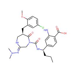 CCC[C@@H](NC(=O)N1C/C(=N/N(C)C)NC[C@@H](Cc2cc(Cl)ccc2OC)C1=O)c1ccc(C(=O)O)c(N)c1 ZINC000169707571