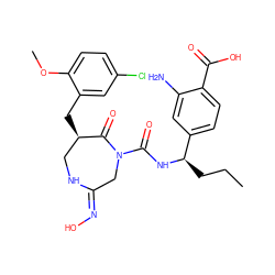 CCC[C@@H](NC(=O)N1C/C(=N/O)NC[C@@H](Cc2cc(Cl)ccc2OC)C1=O)c1ccc(C(=O)O)c(N)c1 ZINC000169707563