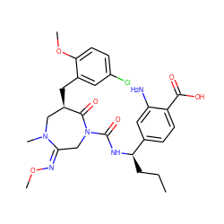 CCC[C@@H](NC(=O)N1C/C(=N/OC)N(C)C[C@@H](Cc2cc(Cl)ccc2OC)C1=O)c1ccc(C(=O)O)c(N)c1 ZINC000169707583