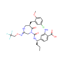 CCC[C@@H](NC(=O)N1C/C(=N/OCC(F)(F)F)NC[C@@H](Cc2cc(Cl)ccc2OC)C1=O)c1ccc(C(=O)O)c(N)c1 ZINC000169707569