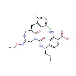 CCC[C@@H](NC(=O)N1C/C(=N/OCC)NC[C@@H](Cc2cc(Cl)ccc2F)C1=O)c1ccc(C(=O)O)c(N)c1 ZINC000169707622