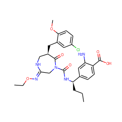 CCC[C@@H](NC(=O)N1C/C(=N/OCC)NC[C@@H](Cc2cc(Cl)ccc2OC)C1=O)c1ccc(C(=O)O)c(N)c1 ZINC000169707561