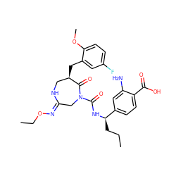 CCC[C@@H](NC(=O)N1C/C(=N/OCC)NC[C@@H](Cc2cc(F)ccc2OC)C1=O)c1ccc(C(=O)O)c(N)c1 ZINC000169707620