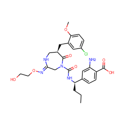 CCC[C@@H](NC(=O)N1C/C(=N/OCCO)NC[C@@H](Cc2cc(Cl)ccc2OC)C1=O)c1ccc(C(=O)O)c(N)c1 ZINC000169707567