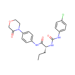 CCC[C@@H](NC(=O)Nc1ccc(Cl)cc1)C(=O)Nc1ccc(N2CCOCC2=O)cc1 ZINC000013553978