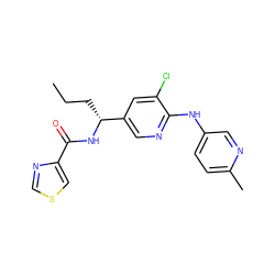 CCC[C@@H](NC(=O)c1cscn1)c1cnc(Nc2ccc(C)nc2)c(Cl)c1 ZINC000473097931