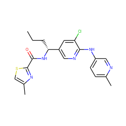 CCC[C@@H](NC(=O)c1nc(C)cs1)c1cnc(Nc2ccc(C)nc2)c(Cl)c1 ZINC000473103908