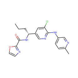 CCC[C@@H](NC(=O)c1ncco1)c1cnc(Nc2ccc(C)nc2)c(Cl)c1 ZINC000473100662