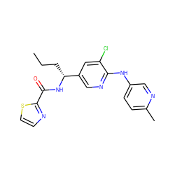 CCC[C@@H](NC(=O)c1nccs1)c1cnc(Nc2ccc(C)nc2)c(Cl)c1 ZINC000473104947