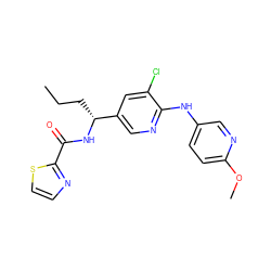 CCC[C@@H](NC(=O)c1nccs1)c1cnc(Nc2ccc(OC)nc2)c(Cl)c1 ZINC000473098002