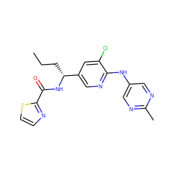 CCC[C@@H](NC(=O)c1nccs1)c1cnc(Nc2cnc(C)nc2)c(Cl)c1 ZINC000473099352