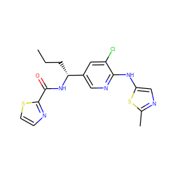 CCC[C@@H](NC(=O)c1nccs1)c1cnc(Nc2cnc(C)s2)c(Cl)c1 ZINC000473101921