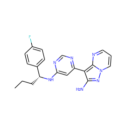 CCC[C@@H](Nc1cc(-c2c(N)nn3cccnc23)ncn1)c1ccc(F)cc1 ZINC000045319141