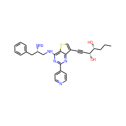 CCC[C@@H](O)[C@H](O)C#Cc1csc2c(NC[C@@H](N)Cc3ccccc3)nc(-c3ccncc3)nc12 ZINC000653760511