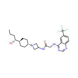 CCC[C@@H](O)[C@H]1CC[C@H](N2CC(NC(=O)CNc3ncnc4ccc(C(F)(F)F)cc34)C2)CC1 ZINC000149106046